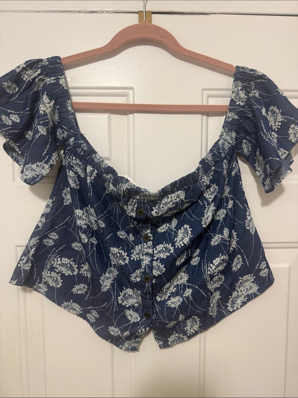Women’s Navy Blue Floral Off-Shoulder Button-Front Top